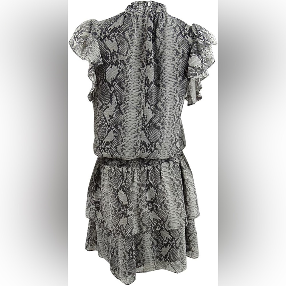 Anthro 1. State Tiered Ruffle Mini Dress pleated waist high neck Snakeskin EUC